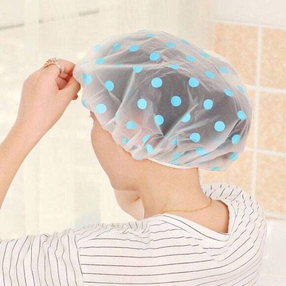 GRAY Polka Dot Plastic Shower Cap Hair Cover Waterproof Reusable Elastic - Picture 3 of 6